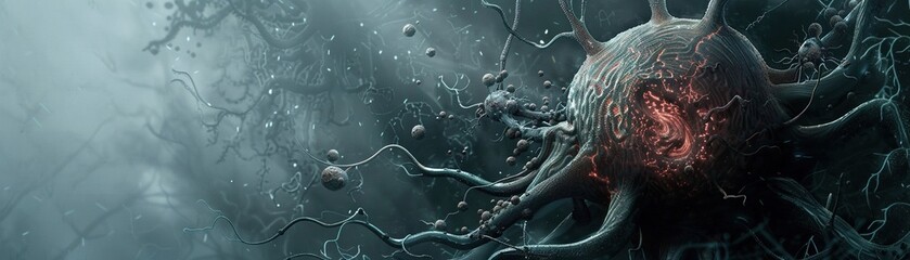 dark and gritty illustration of a cancerous cell, its mutated form spreading tendrils that engulf healthy cells, representing the fight against disease on a cellular level. - obrazy, fototapety, plakaty