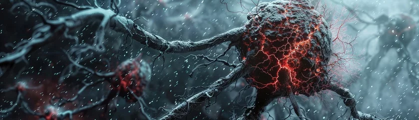 Foto op Canvas dark and gritty illustration of a cancerous cell, its mutated form spreading tendrils that engulf healthy cells, representing the fight against disease on a cellular level. © Eve Creative