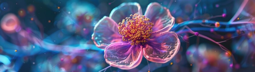 dreamlike scene of a flower blooming within a cell, its petals formed from different cellular components, symbolizing the beauty and complexity of life on a microscopic level. - obrazy, fototapety, plakaty