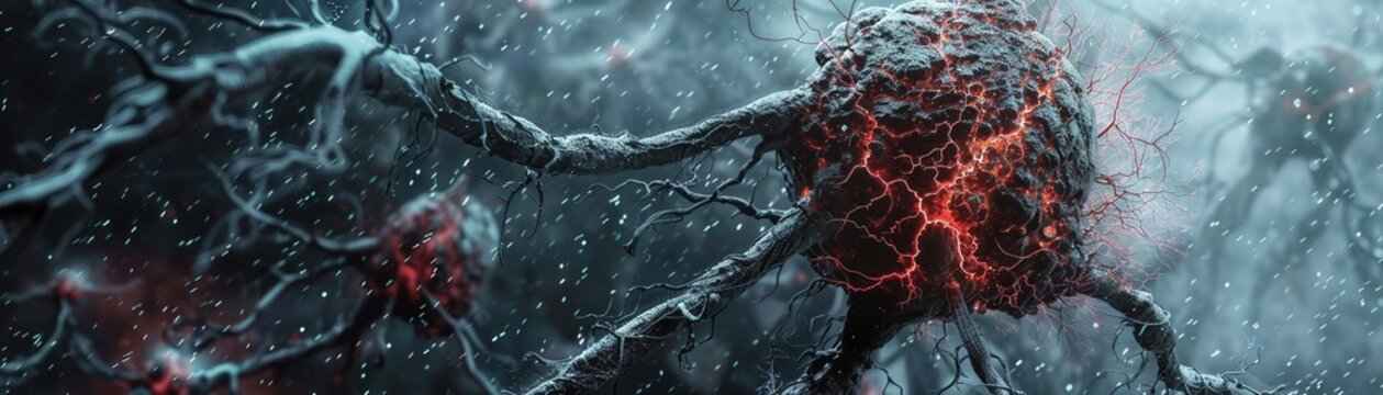 dark and gritty illustration of a cancerous cell, its mutated form spreading tendrils that engulf healthy cells, representing the fight against disease on a cellular level.
