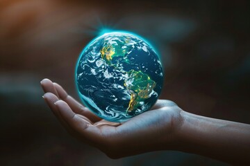 close-up of a hand holding a glowing orb that depicts a healthy planet Earth, symbolizing the responsibility we have to protect our environment for future generations.