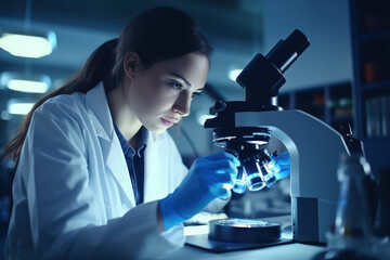 A female scientist carefully examining specimens under a microscope in the laboratory.
