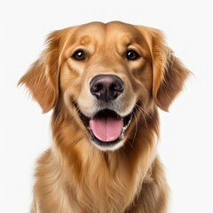 Close-up of a Golden Retriever against a white background.
