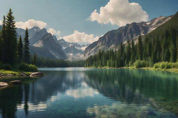 A landscape of a tranquil lake with mountains - obrazy, fototapety, plakaty