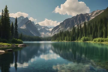 Foto op Plexiglas A landscape of a tranquil lake with mountains © AungThurein