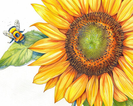 close-up watercolor drawing of a cheerful sunflower with a bright yellow face and vibrantly colored petals, surrounded by buzzing bumblebees.