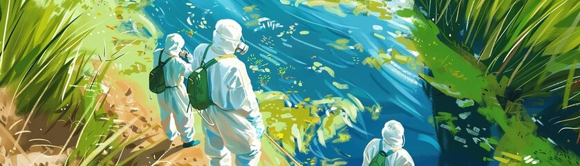 Fototapeta na wymiar dynamic illustration of a team of researchers in hazmat suits cleaning up a polluted river, using advanced technology to restore the environment.