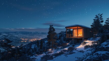 minimalist cabin perched atop a mountain with a retractable roof, offering an unobstructed view of the night sky. Warm lighting and a hand-woven throw blanket add a touch of bohemian coziness.