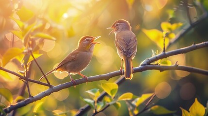 Ptaki rozmawiają ze sobą siedząc na górnej gałęzi drzewa