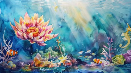 watercolor drawing of a vibrantly colored flower blooming on the ocean floor - obrazy, fototapety, plakaty