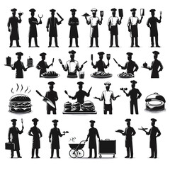 chef silhouette , chef poses silhouette , chef standing silhouette , cooking silhouette , food silhouette , chef character silhouette , kitchen silhouette , chef cap silhouette