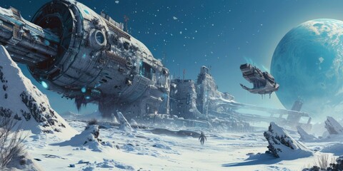 Fototapeta na wymiar A futuristic space station sprawls across a harsh icy landscape, with a spacecraft approaching under the watchful gaze of a distant planet. Resplendent.