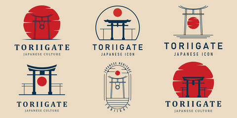 set torii gate logo vintage and line art icon and symbol vector illustration template design graphic - obrazy, fototapety, plakaty