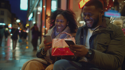 An African American man and woman, smiling and laughing, sit on a bench on a chilly night, wrapped in thick winter coats, engrossed in their phones under the glow of warm streetlights. - Powered by Adobe
