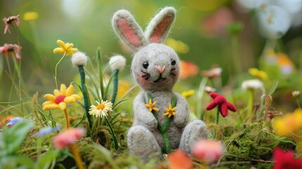 Pluszowy królik siedzący w polu pełnym kwiatów. Króliczek wielkanocny robiony ręcznie. Wiosenne światło padające na delikatne futerko królika, otula go piękną, kolorową roślinnością. - obrazy, fototapety, plakaty