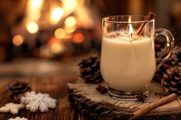 A cozy glass of spiced warm drink, surrounded by festive decorations and a warm glow.