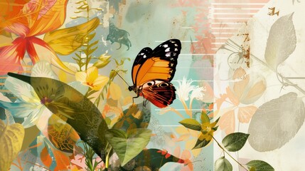 Wiosenny kolaż cyfrowy. Kwiat na tle jasnego nieba, z motylem, który siada na płatkach.