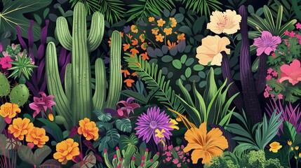 Tapeta z bujną różnorodną roślinnością, ciekawe połączenie różnych gatunków pochodzących z całego świata w nowoczesnym stylu