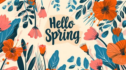 Na tle pastelowych kwiatów widnieje napis hello spring wykonany w nowoczesnym stylu graficznym. Kompozycja charakteryzuje się wyrazistymi literami i delikatnymi kolorami.