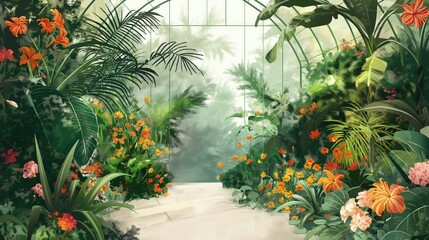 Malowana sceneria tropikalnego ogrodu, w którym rosną liczne kwiaty o różnych kolorach i kształtach, otoczona bujną zielenią roślin. - obrazy, fototapety, plakaty
