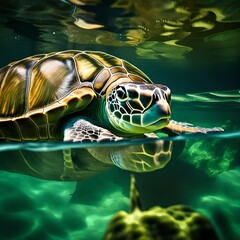 green turtle swimming in the sea close view