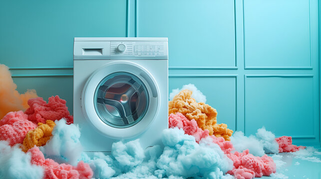 washing machine with pile of clothes and foam. generative ai 