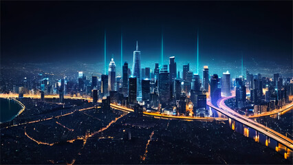 Modren city with glowing blue lights technology concept