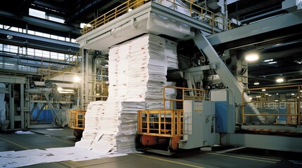 Naklejka premium production industry paper mill illustration machinery pulp, manufacturing process, wood fiber production industry paper mill