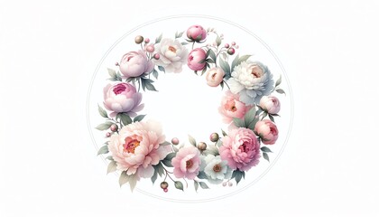 Fototapeta na wymiar Watercolor painting of a Circular of Peonies Flowers and botanical elements for corner and border invitation