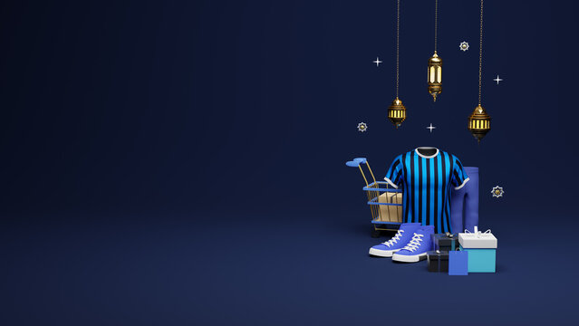 3d Islamic product display dark blue themed islamic with Muslim Clothes, shoses, hanging lantern and star for ramadan,3D rendering