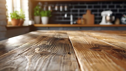 Wood table kitchen background for product presentation. With Generative AI