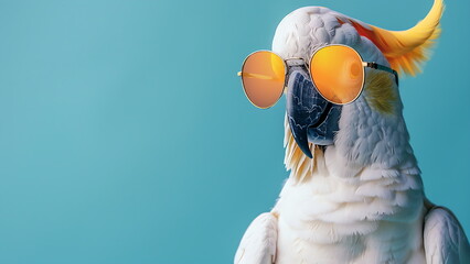 cockatoo with sunglasses, isolated on blue background. summer vacation concept With Generative AI - obrazy, fototapety, plakaty