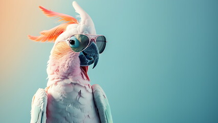 cockatoo with sunglasses, isolated on blue background. summer vacation concept With Generative AI