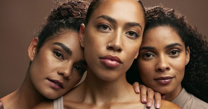 Woman, studio and power with skincare, friends and embrace for self care. Group, beauty and face with support, cosmetics and inclusion for body positivity or empowerment with community and facial
