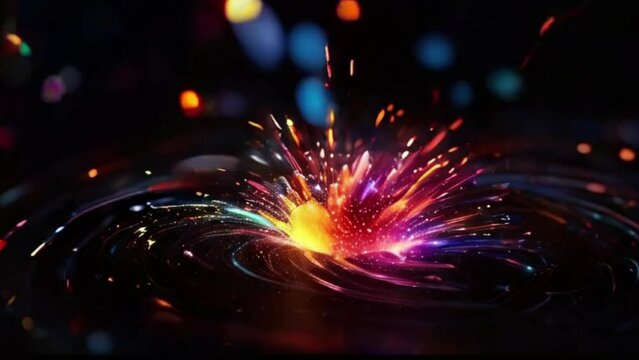 the big bang colorful particles animation pulsing and spinning glowing with bokeh on black background