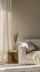 Minimalist home decor design with a sofa and white walls