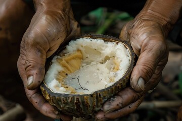 Hands holding a halved cocoa pod, revealing white pulp and seeds inside. - obrazy, fototapety, plakaty