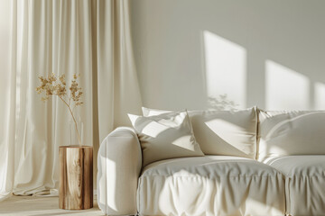 Minimalist home decor design with a sofa and white walls