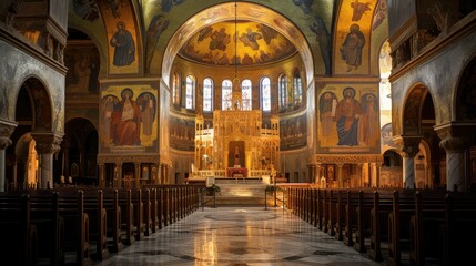Obraz premium glass interior church building illustration nave organ, candles crucifix, choir lectern glass interior church building