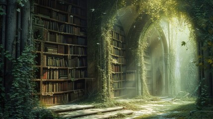 An ancient library in a hidden forest, overgrown with ivy, books filled with forgotten lore,...