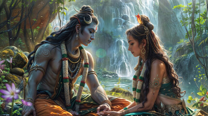 Lord Shiva and Parvati are sitting close to each other in a forest with a waterfall in the background.