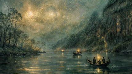 Fantasy landscape with man in a boat on the river at night, illustration. - obrazy, fototapety, plakaty