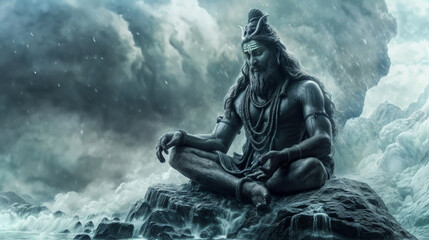 Lord Shiva sitting on a rock in the clouds, illustration - obrazy, fototapety, plakaty