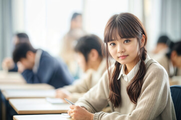 asian female high school student sitting in the classroom (selective focus)