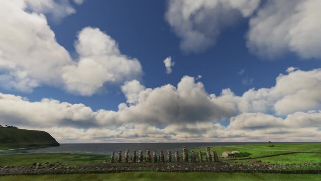 Aerial drone shot of the Moai on Easter Island. Chile