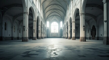 Fototapeta premium desolate empty church building illustration vacant eerie, quiet forgotten, hollow barren desolate empty church building
