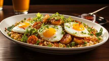 A plate of fried rice topped with sunny-side-up eggs and shrimp. The savory aroma wafts through the air, tempting the senses with its delicious blend of flavors. The golden yolks of the eggs glisten.