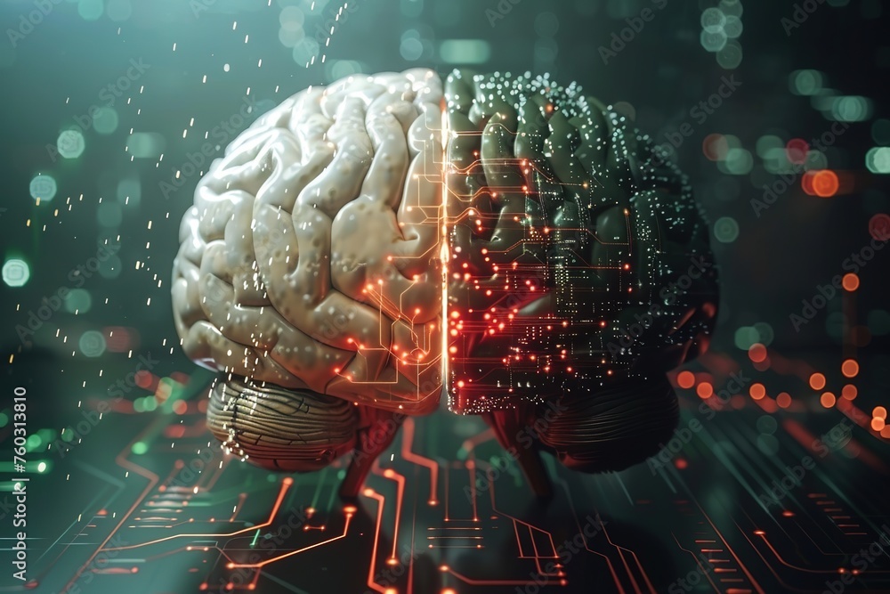 Poster a digital rendering of a brain with electronic circuits and glowing connections suggesting advanced 