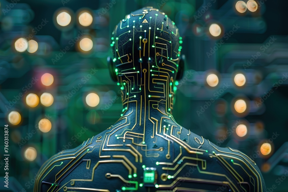 Poster circuitry patterns run through a human silhouette against a backdrop of glowing bokeh lights.