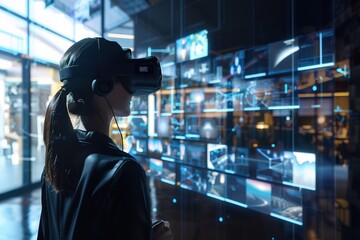 Person experiencing virtual reality with a futuristic interface around them.